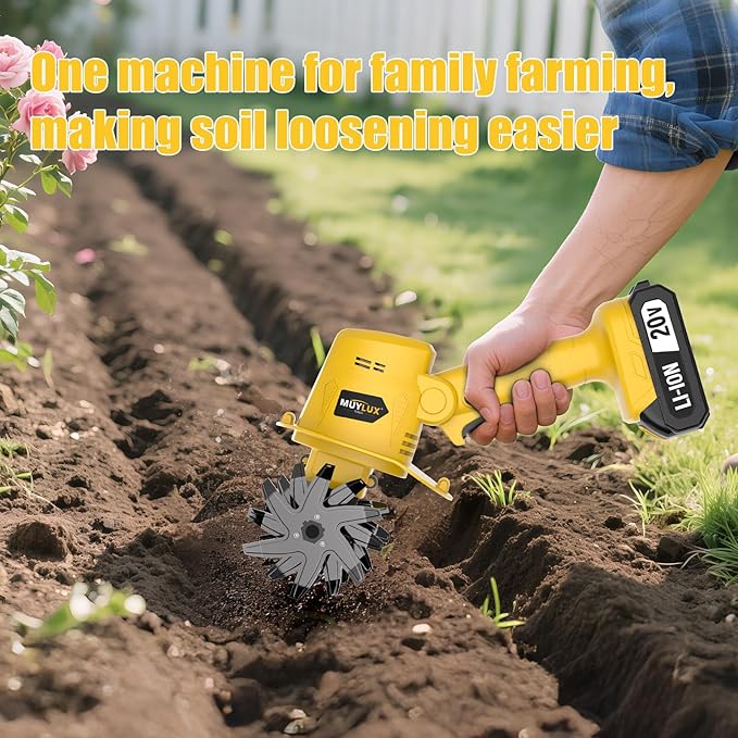 20V Cordless Tiller Cultivator for Gardening, Electric Garden Tiller with Battery & Charger, Garden Rototiller for Lawn Gardening Soil Cultivation, 2 Batteries