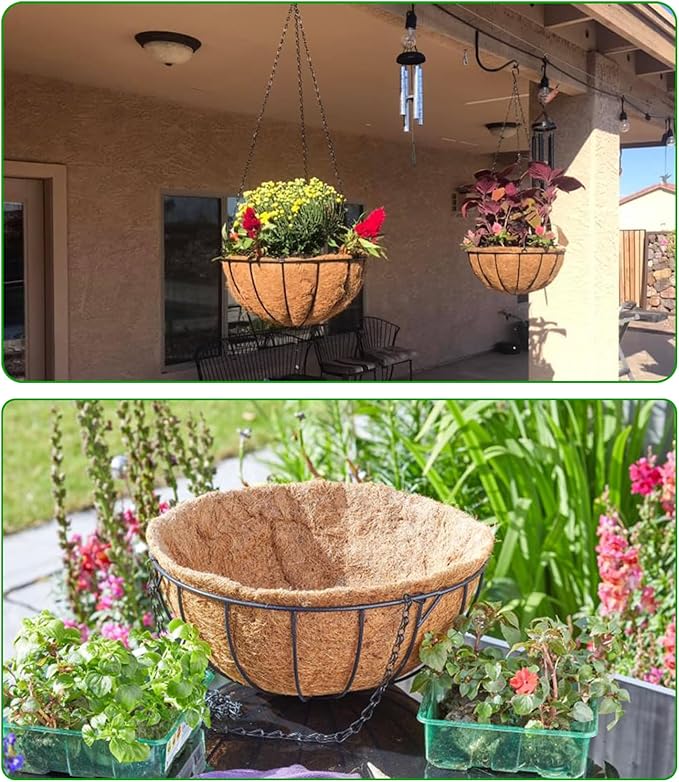 LCHUANG Hanging Baskets Planter for Plants - 2 Pack 14 Inch Metal Baskets with Coco Coir Liner, Hanging Flower Pots for Outside with Chain, Indoor Outdoor Garden Porch Decoration (14'' Pack of 2)