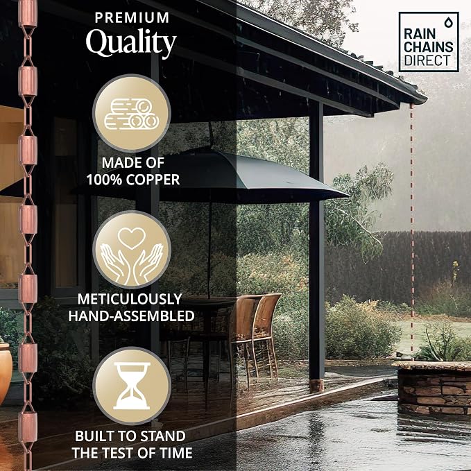 Rain Chains Direct - Scallop Rain Chain - 8.5 FT - Pure Solid Copper - Premium Rain Chains for Gutters
