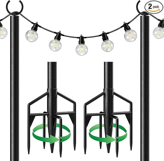 LAND·VOI String Light Poles 2 Pack, Heavy Duty Outdoor Light Poles with Upgraded 5‑Prong Base, Anti‑Bending Stable Design for Backyard Patio Garden Wedding Party Decoration