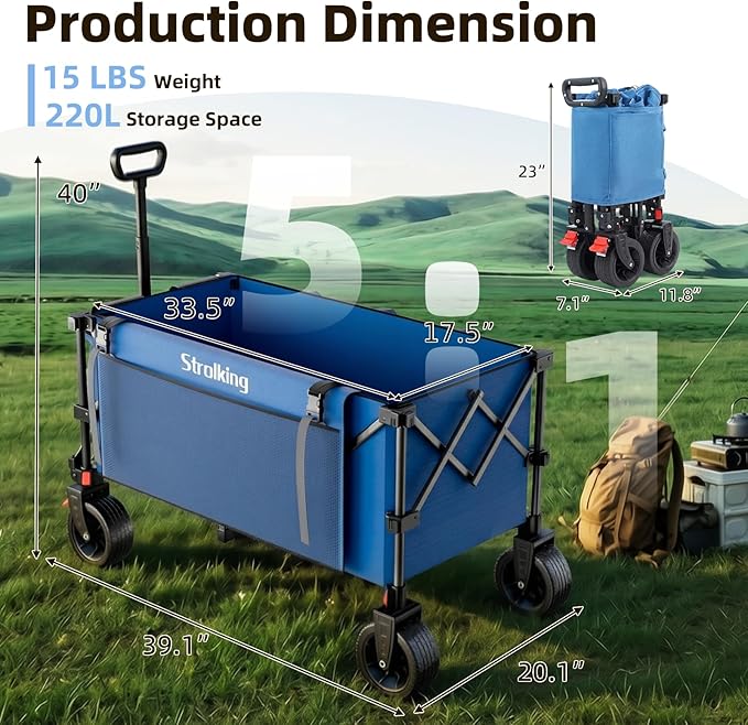 220L Collapsible Wagon Cart, 39" L Extended Frame and 440Lbs Heavy Duty, Lightweight 15lbs Folding Garden Cart with Silent All-Terrain Wheels for Beach, Camping Grass and Grocery, Blue