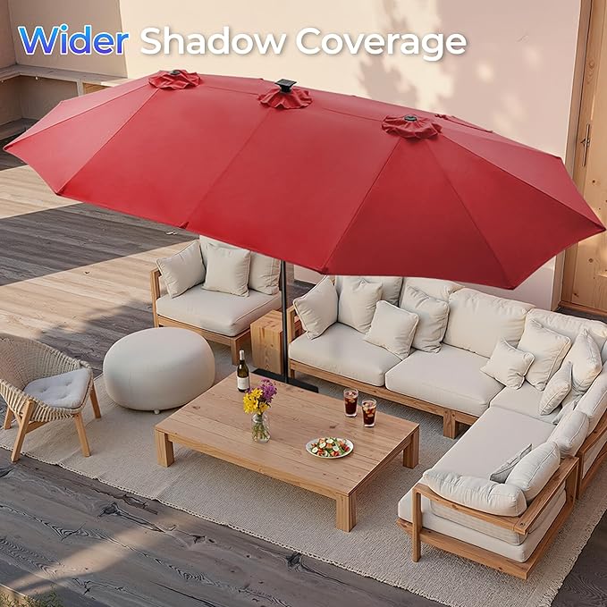 SUPERJARE 15ft Large Patio Umbrella with Base included, Double Sided Outdoor Umbrella with Solar Lights, Pool Umbrella with Fade Resistant Canopy for Deck, Porch, Yard, Balcony, Burgundy