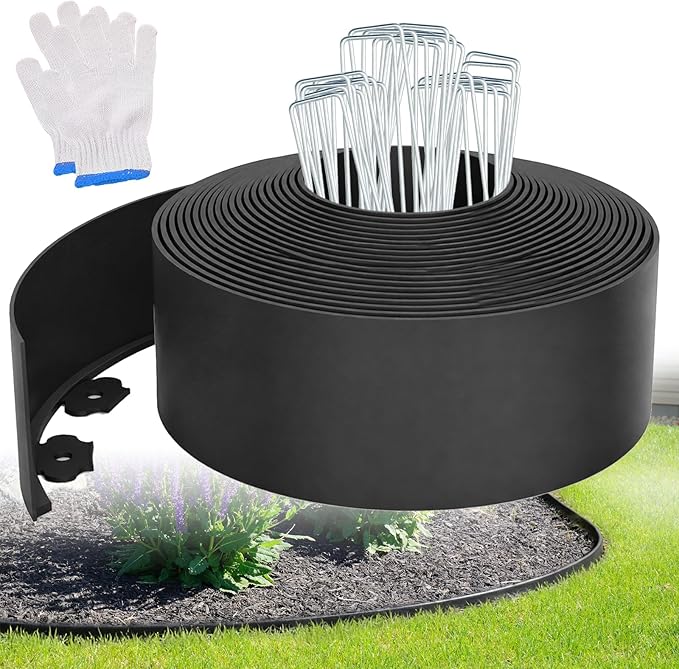 40ft Garden Edging, 4 Inches Tall Landscape Edging for Flower Beds & Garden Borders, Flexible Plastic Border with 50 Metal Stakes for Yard Edging Projects