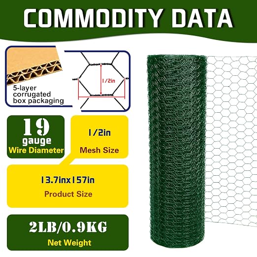 Premium Green Chicken Wire Fencing 13.7inx157in, PVC Coated Chicken Wire, Poultry Netting, Galvanized Chicken Wire Barrier for Floral Arrangements/Craft Projects/Pet/Rabbit