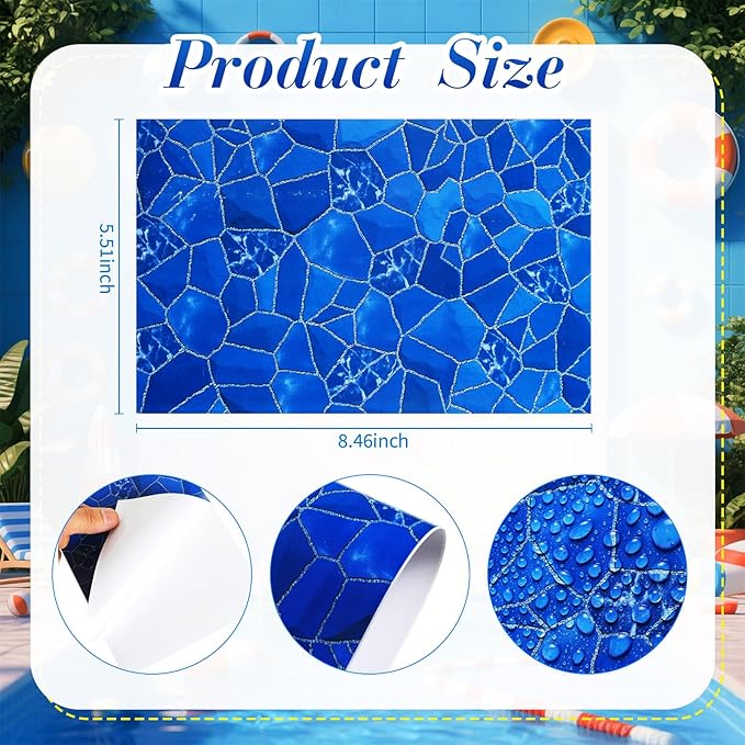 Yexiya 6 Pcs PVC Pool Repair Patches 8.45x5.51 Inch - Heavy-Duty Vinyl Adhesive Patch Kit for Above Ground Pools, Air Mattress, Inflatable Boats, Tents(Marble,Sapphire)