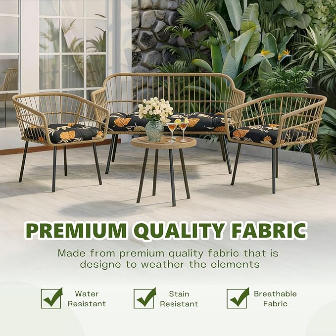 Wicker Chair Cushions Set, 2 U-Shaped Cushions & 1 Loveseat, Waterproof Outdoor Loveseat Cushion for Patio Furniture, Settee Bench Pad All Weather,YellowLeaf