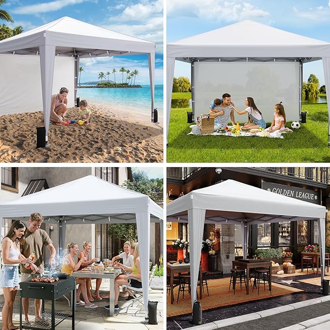 Driftalia 10x10 Pop Up Canopy with Sidewalls, Outdoor Instant Canopy Tent with Carry Bag for Commercial Events, Camping, Backyard Parties - White