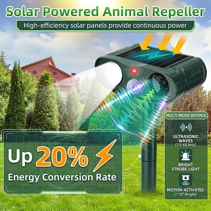 4-Pack Solar Ultrasonic Animal Repellent Outdoor: 2026 Upgraded Deer Repellent Devices & Cat Repeller for Yard, Motion Detection Squirrel Raccoon Dog Bear Deterrent with LED Flash Lights