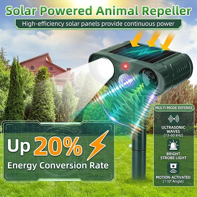 2-Pack Solar Ultrasonic Animal Repellent Outdoor: 2026 Upgraded Raccoon Rabbit Repellent Devices & Cat Repeller for Yard, Sonic Fortress Pro Deer Repellent Devicess with LED Flash Lights