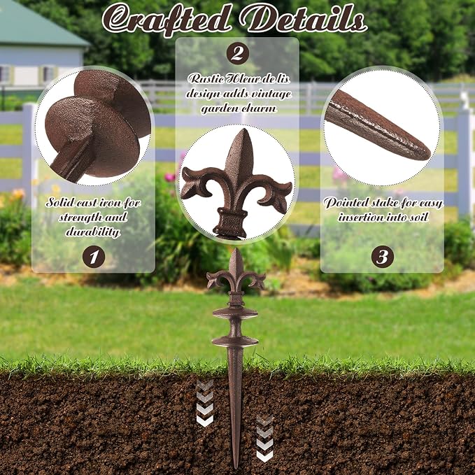 4 Pcs Antique Garden Hose Guide Spike, 13.7" Fleur De Lis Decorative Cast Iron Finial Stakes Heavy Duty Metal Plant Saver Tools Outdoor Hose Protection for Lawn Yard Patio(Rust,Assorted Styles)