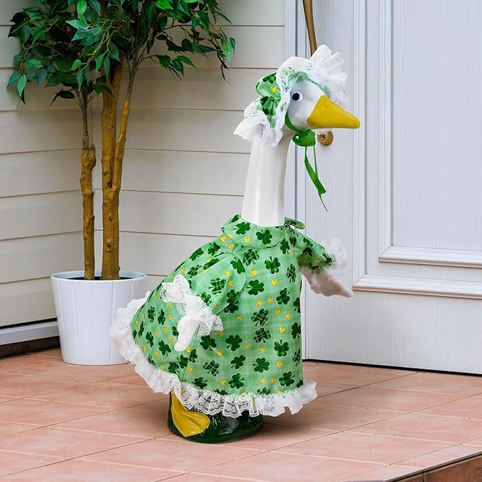 2 Sets Holiday Porch Goose Outfits for Valentine and St. Patrick,23" Porch Goose Clothes for Patio Yard Lawn Decor
