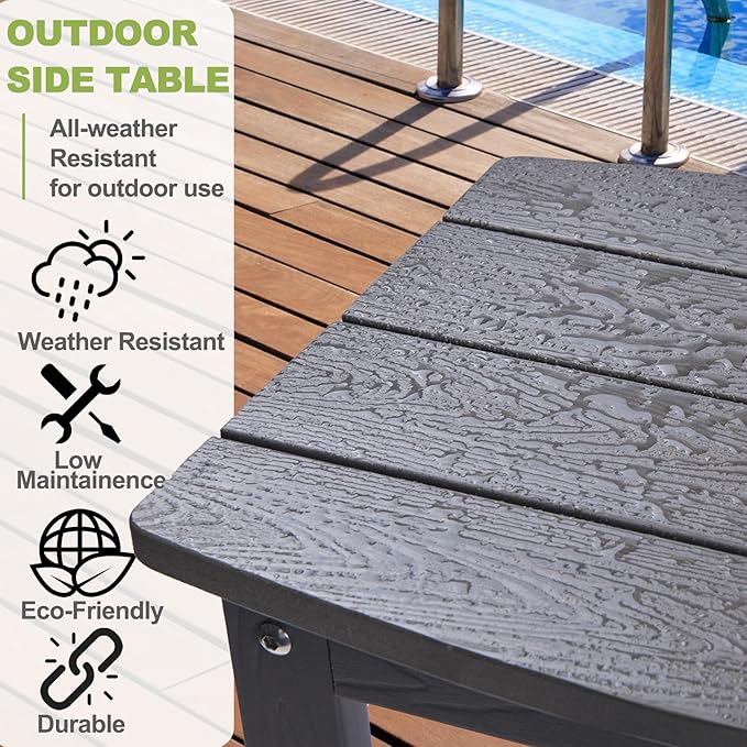 Y&M Outdoor Side Table, HIPS Adirondack Small Single Table, Waterproof Square Outside Table, Balcony Modern End Tables for Patio, Pool, Beach, Porch, Deck, Indoor or Outdoor Use (Dark Grey, 2 Pack)