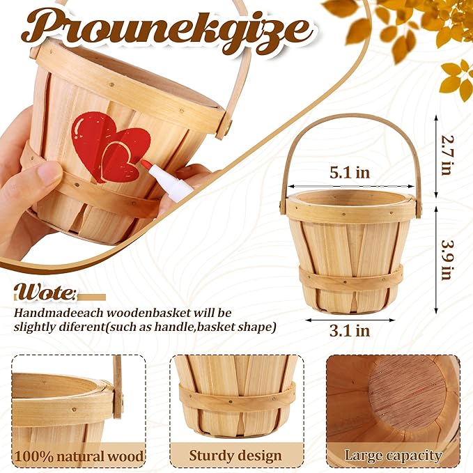 6 Pcs Mini Wooden Apple Baskets 3 x 5.1 Inch Empty Fall Harvest Basket Farmers Market Berry Baskets with Handle for Fruit and Vegetable Picking Wooden Bucket Basket, Wedding Party Decor (10)