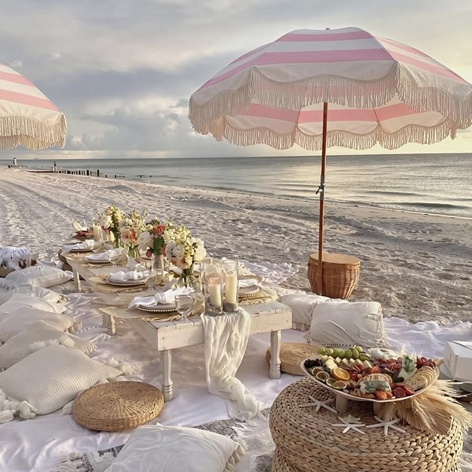 6.5 Ft Fringe Patio Umbrella and 71"x 91" Extra Large White Picnic Blanket UPF50+ Outdoor Tassels Ruffles Beach Umbrella with Steel Pole for Camping Patio Lawn Beach Park