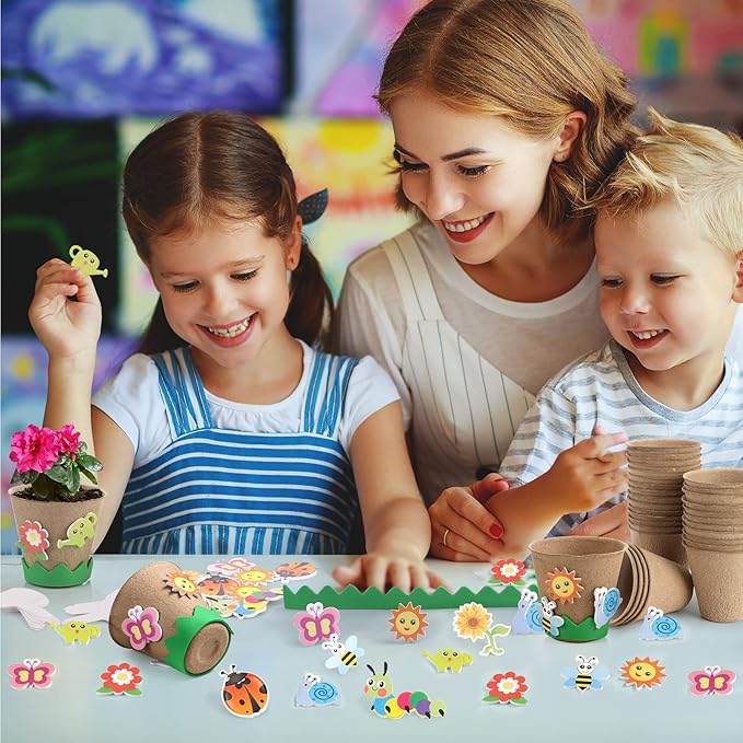 Ayfjovs Garden Paper Pot Craft Kit, 30 Pack Flower Growing Kit for Kids with 120 PCS Adhesive Foam Stickers and 30 PCS Plastic Plant Labels for Kids Science, Classroom Decoration, Mother's Day