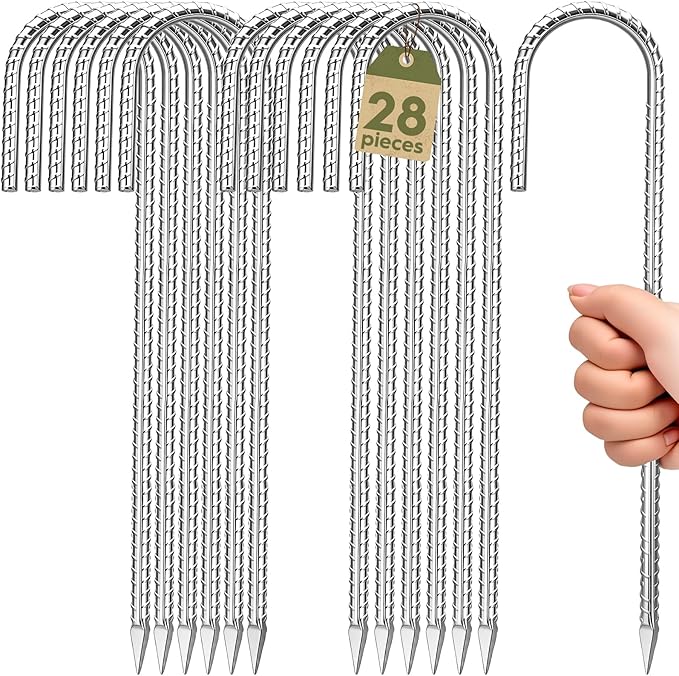 Homwin 12 inches Ground Stakes Heavy Duty 28 Pieces Metal Fence Rebar Stake 5/16" Diameter J Hook Ground Spikes, Tent Stakes, Swing Set and Gazebo Anchors