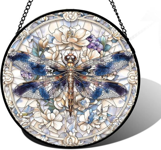 DASTOLL Stained Glass Window Hanging, Dragonfly Flower Suncatcher for Doors Home Sun Catchers Decoration and Christmas, Mother's Day Birthday Gifts for Women, Men, and Mom 7.8 in