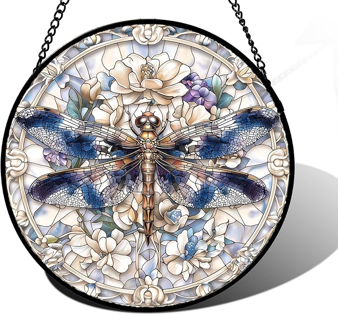 DASTOLL Stained Glass Window Hanging, Dragonfly Flower Suncatcher for Doors Home Sun Catchers Decoration and Christmas, Mother's Day Birthday Gifts for Women, Men, and Mom 11.8x11.8 in
