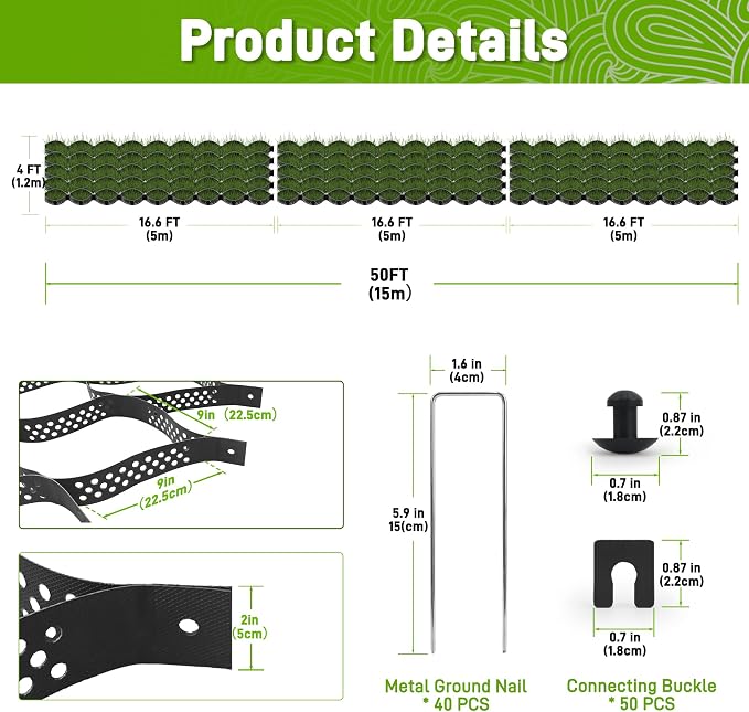 Gravel Grid 4 x 50FT-2" Depth HDPE Geo Grid 1885 lbs Per Sq Ft Load with U-Shaped Stakes & Connectors for Driveway, Patio, Shed Base, Parking Lot, Grass Stabilization, Black