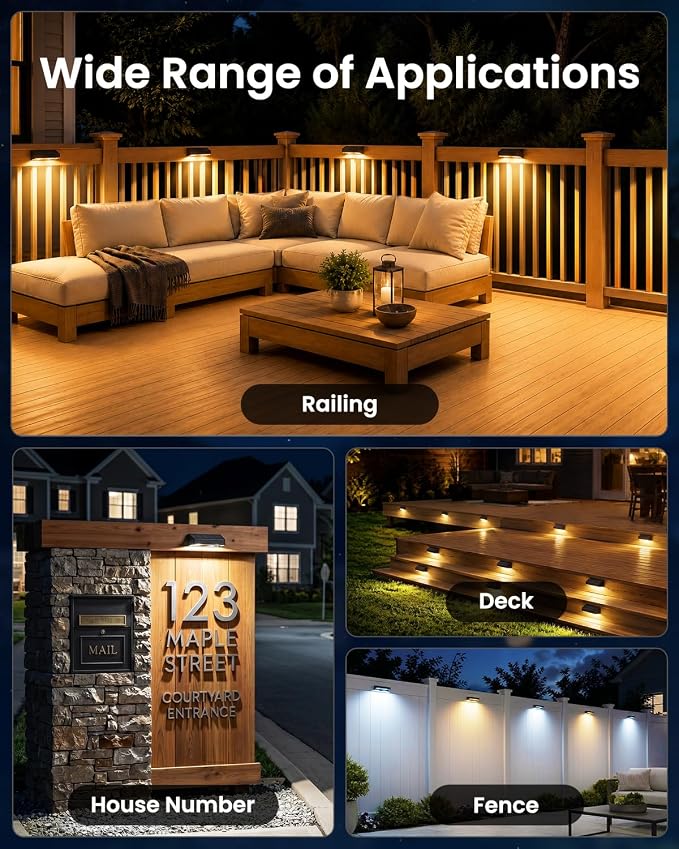 JOFIOS Fence Lights Solar Powered, 3000/4000/6000K 3 Modes Solar Lights for Fence Waterproof IP65 Dusk-to-Dawn LED Deck Lighting for Patio, Railing, Pool, Porch, Backyard, Wall, 8 Pack