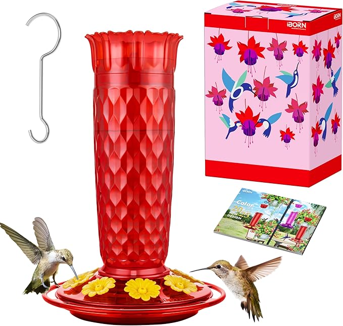 iBorn Hummingbird Feeders for Outdoors 16OZ Bird Feeders for Outdoors Hanging, Hummingbird Feeder with 8 Bee Guard Feeding Ports & Built-in Ant Moat, Silicone Flower, Red Honeycomb Exterior