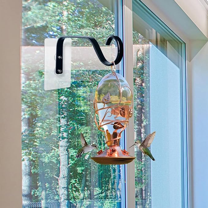 4-Pack Window Bird Feeder Hook, Strong Hanger with Traceless Adhesive & Screws, Window Mounted Load-Bearing Hook for Bird Feeders, Wind Chimes, Plants (Black)