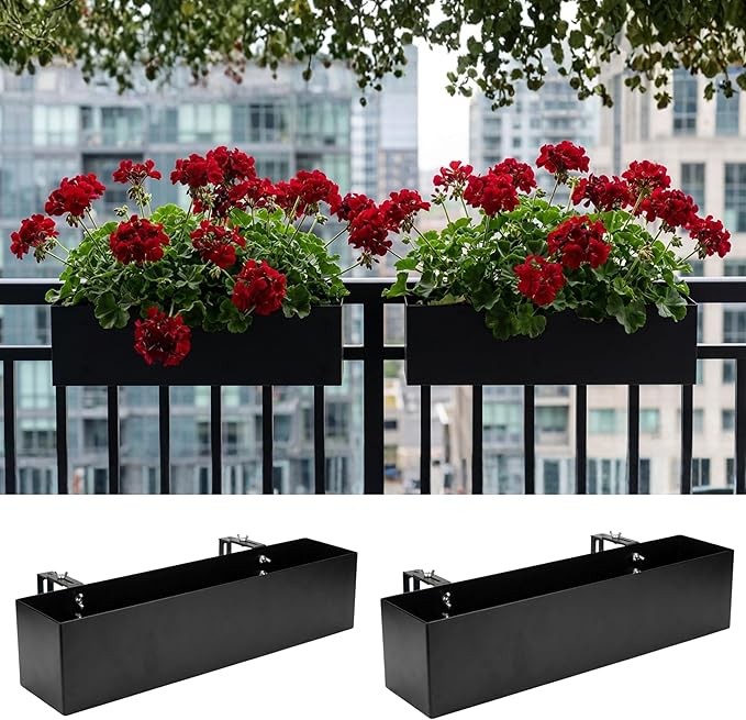 LaLaGreen Railing Planter Box (24 Inch, 2 Pack) Black Metal Rectangular Hanging Flower Boxes with Brackets, Deck Railings Planters for Outdoor Plants Fence Over Rail Balcony Patio Porch Stylish Garden
