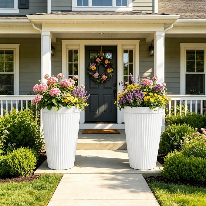 20" Tall Planters for Indoor Outdoor Plants (Set of 2), Cement-Look Large Flower Pots, High-Desity Resin Planters, UV-Protected Outdoor Pots for Garden, Balcony, Porch or Living Room Decor