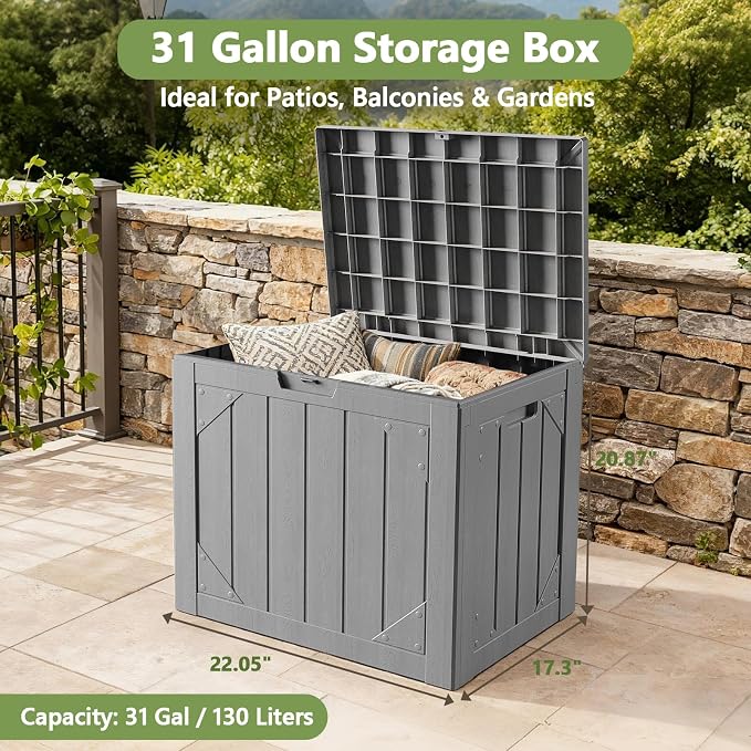 31 Gallon Outdoor Deck Box 4 Pack, Waterproof Resin Patio Storage Boxes with Lockable Lid, Small Outdoor Storage for Cushions, Accessories, Garden Tools, Indoor Outdoor Organizer, Gray