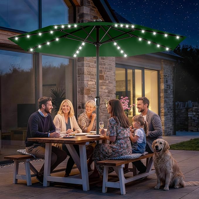 AreShark 11FT Large Patio Umbrella with Solar Lights, Lighted Solar Umbrella with Crank, Outdoor Table Market Umbrellas for Garden, Deck, Backyard, Pool and Beach, Dark Green
