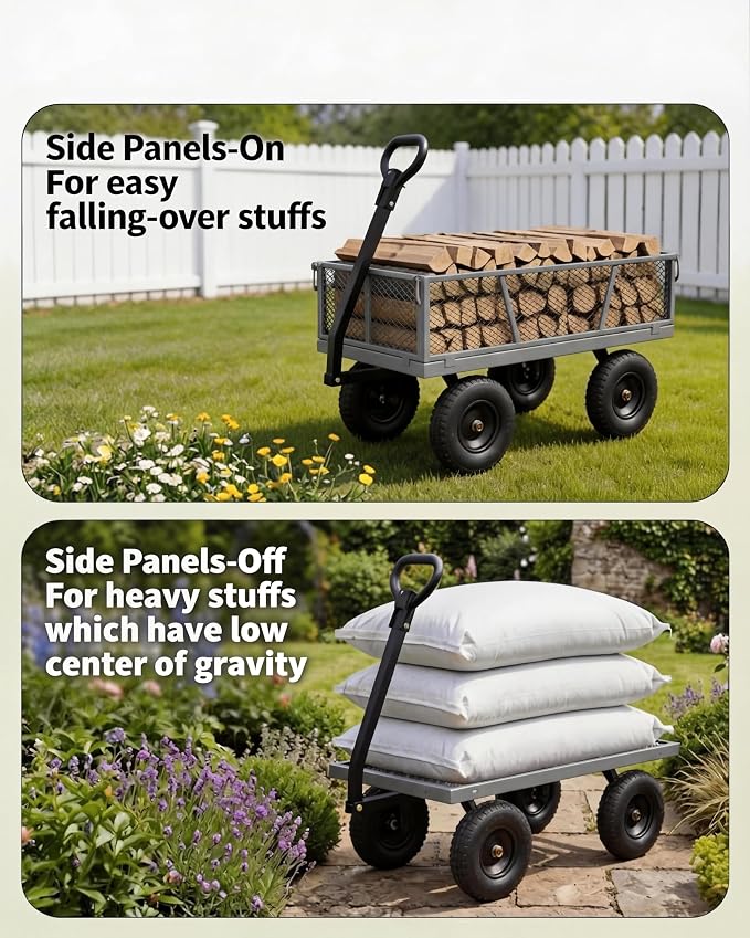 GarveeTech 1200LBS Heavy Duty Steel Garden Cart, Garden Wagon Cart on Wheels, Metal Yard Utility Wagon with Removable Mesh Sides, 13" All Terrain Tires, 180° Rotating Handle for Lawn, Garden, Farm