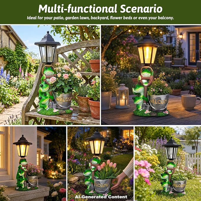 Solar Frog Garden Statue, Outdoor Decor with Flowerpot & Lantern Frog Figurine Lights for Yard Art Lawn Ornaments Porch Patio Balcony - Gifts for Housewarming Birthday
