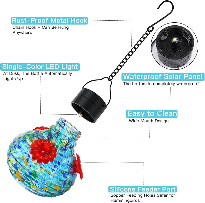 VOREEN Solar Hummingbird Feeder with Solar-Powered LED Light, Hand-Blown Glass 17 oz Hanging Outdoor Nectar Feeder, Waterproof Rust-Proof Easy-Clean Design, Eco-Friendly Garden Decor