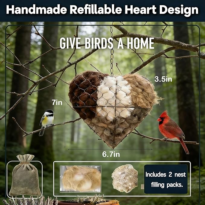 Handmade Alpaca Fiber Bird Nesting Heart – Refillable Bird Haven with 6 Nesting Material Refill Bags – Eco-Friendly Hanging Nest for Hummingbirds & Wild Birds, Garden & Yard Décor (3Sets)