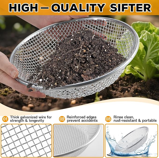 Sifter.Size 1/4" Mesh Soil Sifter Sieve - Heavy Duty Galvanized Screen for Compost, Dirt, Rocks, Gravel & Garden - Fits 5 Gallon Bucket, Rust-Resistant - Composting & Sifting Tool