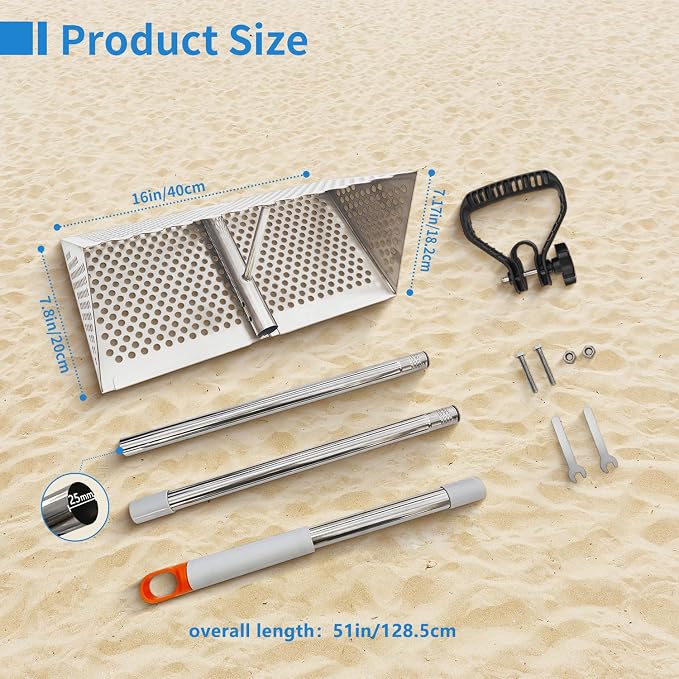 Sand Flea Rake, Detachable Long Handle Sand Sifter for The Beach, The Shark Tooth Screen Comes with a 16in Wide Drain Screen
