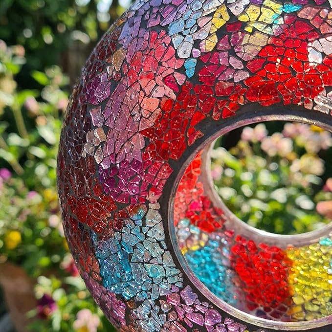 DUSVALLY 9 inch Fly Through Bird Feeder for Wild Birds, Colored Glass Mosaic Outdoor Hanging Feeder - Squirrel Proof Design, Easy to Clean, Weather Resistant Garden Decor for Hummingbirds Finches