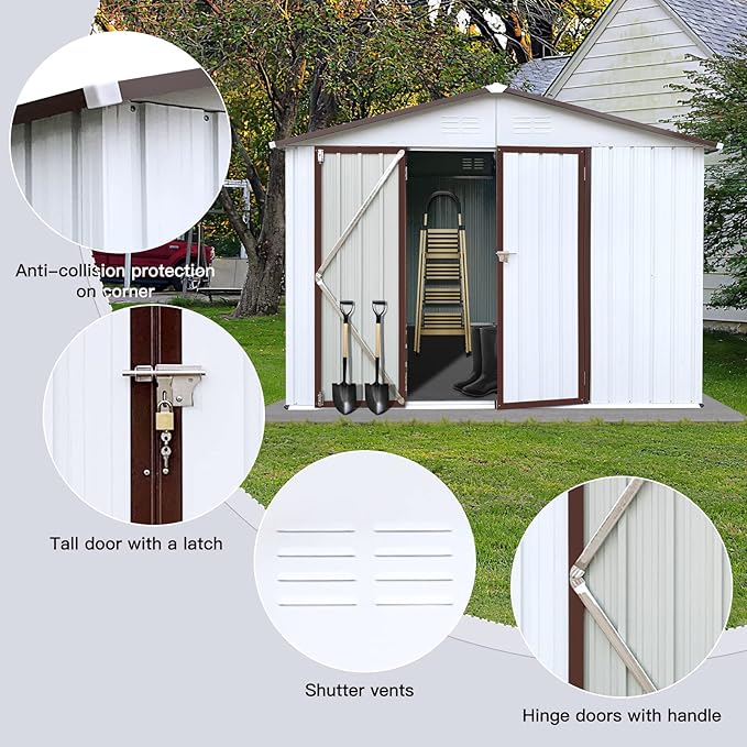 10x8 FT Garden Metal Sheds with Waterproof Roofs and Lockable Doors,Outdoor Storage Tool House W/Punched Vents,Backyard Office Shed,for Bike,Barbeque,White+Coffee