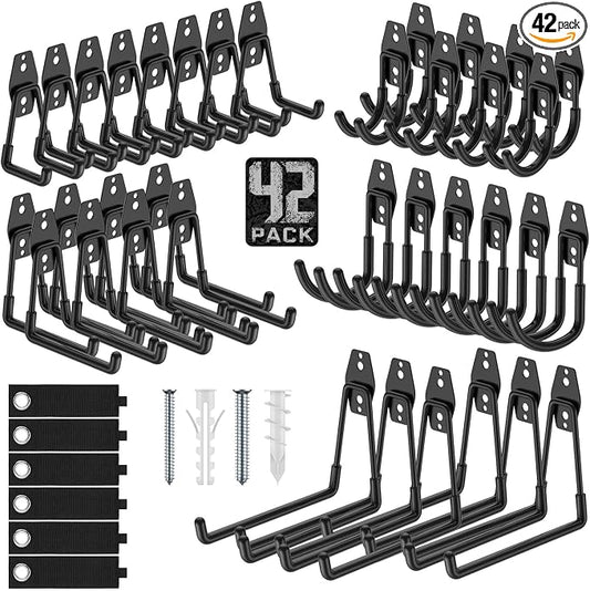 Heavy Duty Wall Mount Garage Hooks, 42-Pack | Hanging Storage for Bikes, Ladders, Hoses, Ropes, Garden Tools - For Warehouse, Workshop, Shed, Shop, Yard
