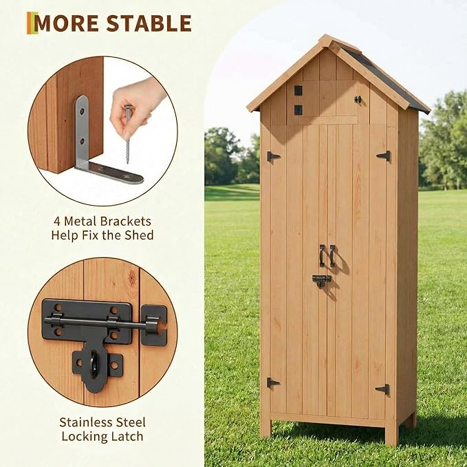 70" Tall Outdoor Storage Shed, Wooden Garden Storage Cabinet with Shelves, Waterproof Vertical Tool Storage Organizer with Lockable Doors for Patio, Backyard, Lawn Equipment & Yard Supplies