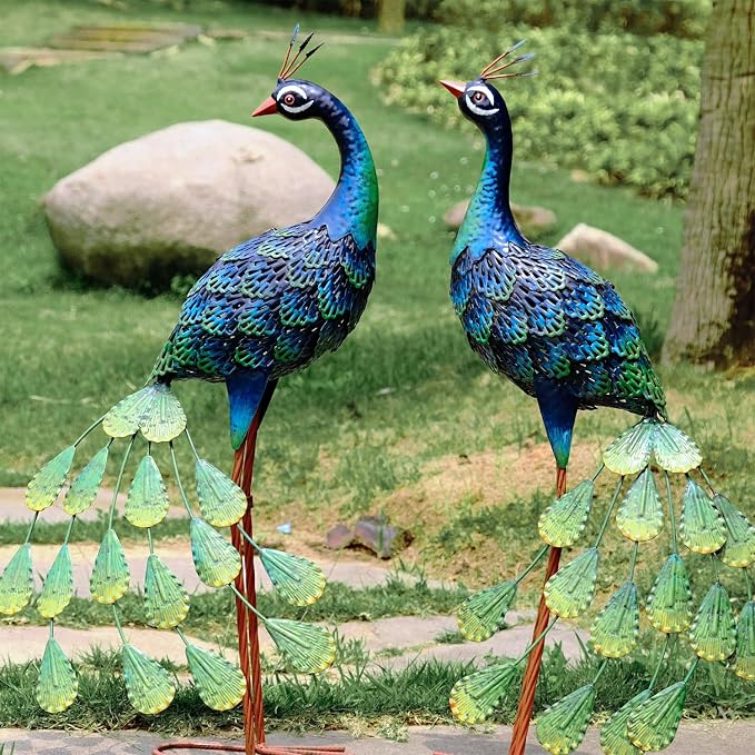 Kircust Metal Outdoor Solar Peacock Statues for Garden & Yard | Weatherproof Decor with Lights, Elegant Gift for Patio