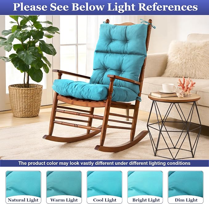 Rocking Chair Cushion, Waterproof and Fade-Resistant Adirondack Rocker Cushions, Indoor/Outdoor Rocking Chair Pads, High Back Memory Foam Patio Furniture Cushions with Ties, 44x23x4 Inch, Teal