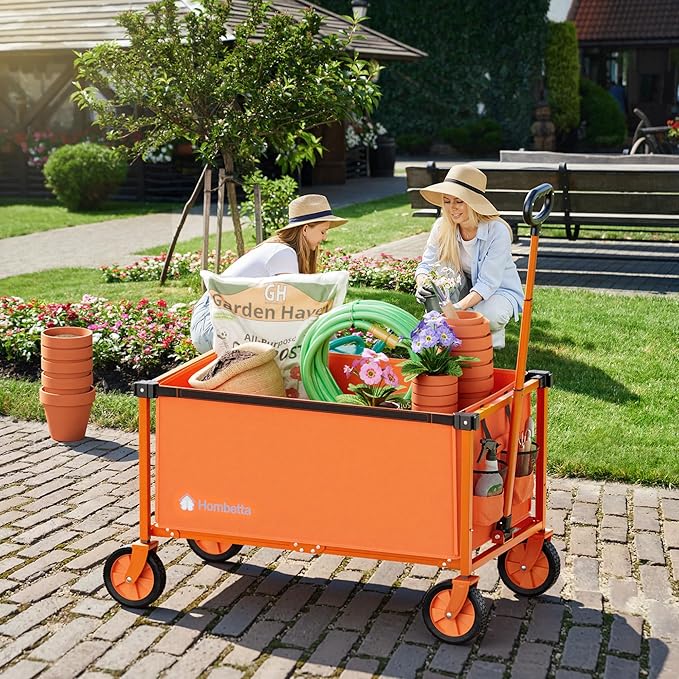 Collapsible Wagon Cart with Wheels, 150L Lightweight Foldable Utility Cart, Portable Rolling Wagon for Garden, Shopping, Sports, Camping, Transport, Tangerine