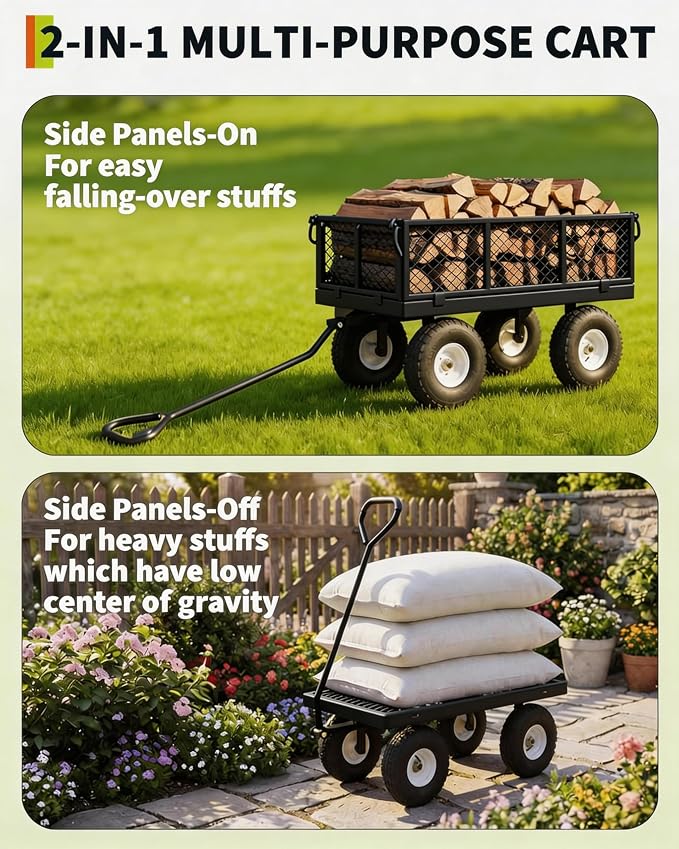 GarveeTech 400LBS Heavy Duty Steel Garden Cart, Garden Wagon Cart on Wheels, Metal Yard Utility Wagon with Removable Mesh Sides, 10" All Terrain Tires, 180° Rotating Handle for Lawn, Garden, Farm