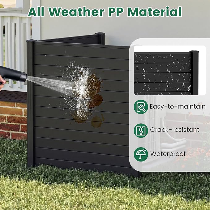 HAPPYGRILL Air Conditioner Fence, 2 Panels Outdoor Privacy Fence Screen w/3 Stakes, 48”W x 48”H PP Pool Equipment Enclosure Trash Can Screen, Decorative Garden Fences for AC Unit Patio Lawn, Black