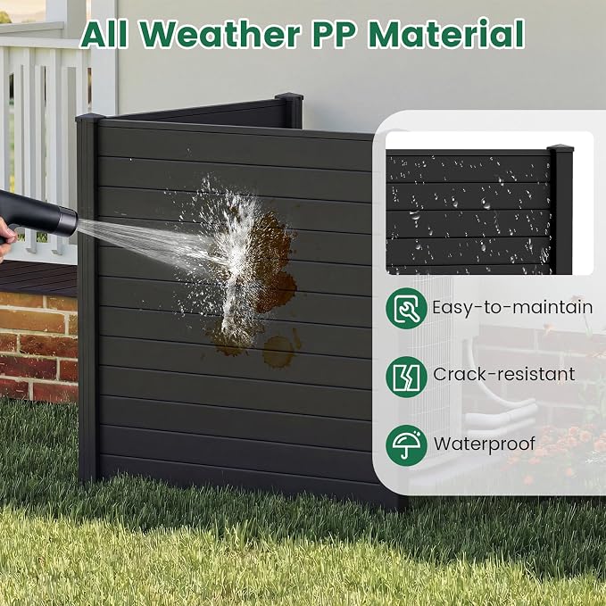 HAPPYGRILL Air Conditioner Fence, 4 Panels Outdoor Privacy Fence Screen w/6 Stakes, 48”W x 48”H PP Pool Equipment Enclosure Trash Can Screen, Decorative Garden Fences for AC Unit Patio Lawn, Black