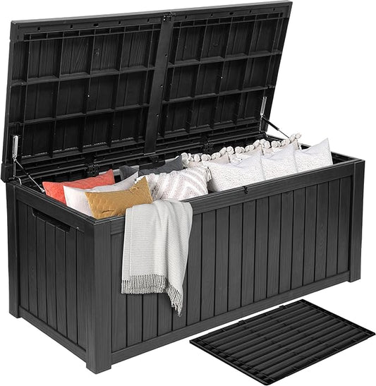 DWVO 180 Gallon XL Deck Box with Divider & Lockable Lid, Waterproof Resin Outdoor Storage for Patio, Garden, Poolside, Cushions, Supplies & Sports Gear, Black