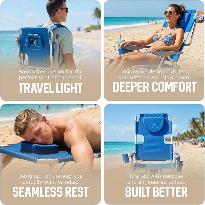 Ostrich the Backpack 3N1 Portable Chair with Cooler Bag and Reclining Lounger for Tanning, Camping, Beach, and Outdoor Essential, Blue