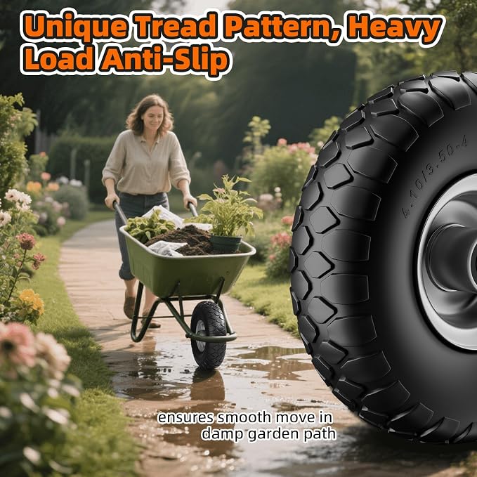 RONPOW 4.10/3.50-4 Flat Free Tire, 10 Inch Solid Tires, 500Lb Heavy Duty Replacement Wheel with 5/8" Bearings, Compatible with gorilla Cart, Garden Carts, Dump Wagon, Dolly & Hand Trucks, 2Pack Silver