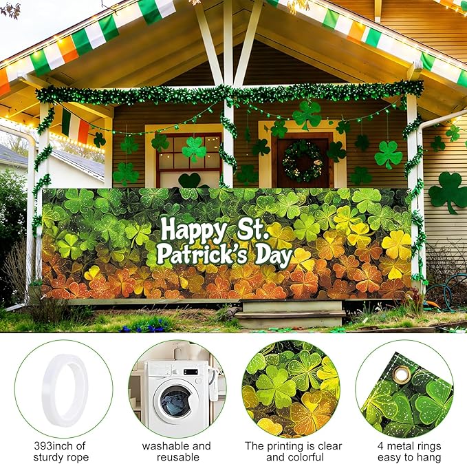 Happy St. Patrick’s Day Fence Banner 118 x 35 Inch, Large Waterproof Outdoor Shamrock Clover Banner for Yard Porch Fence Irish Party Decorations
